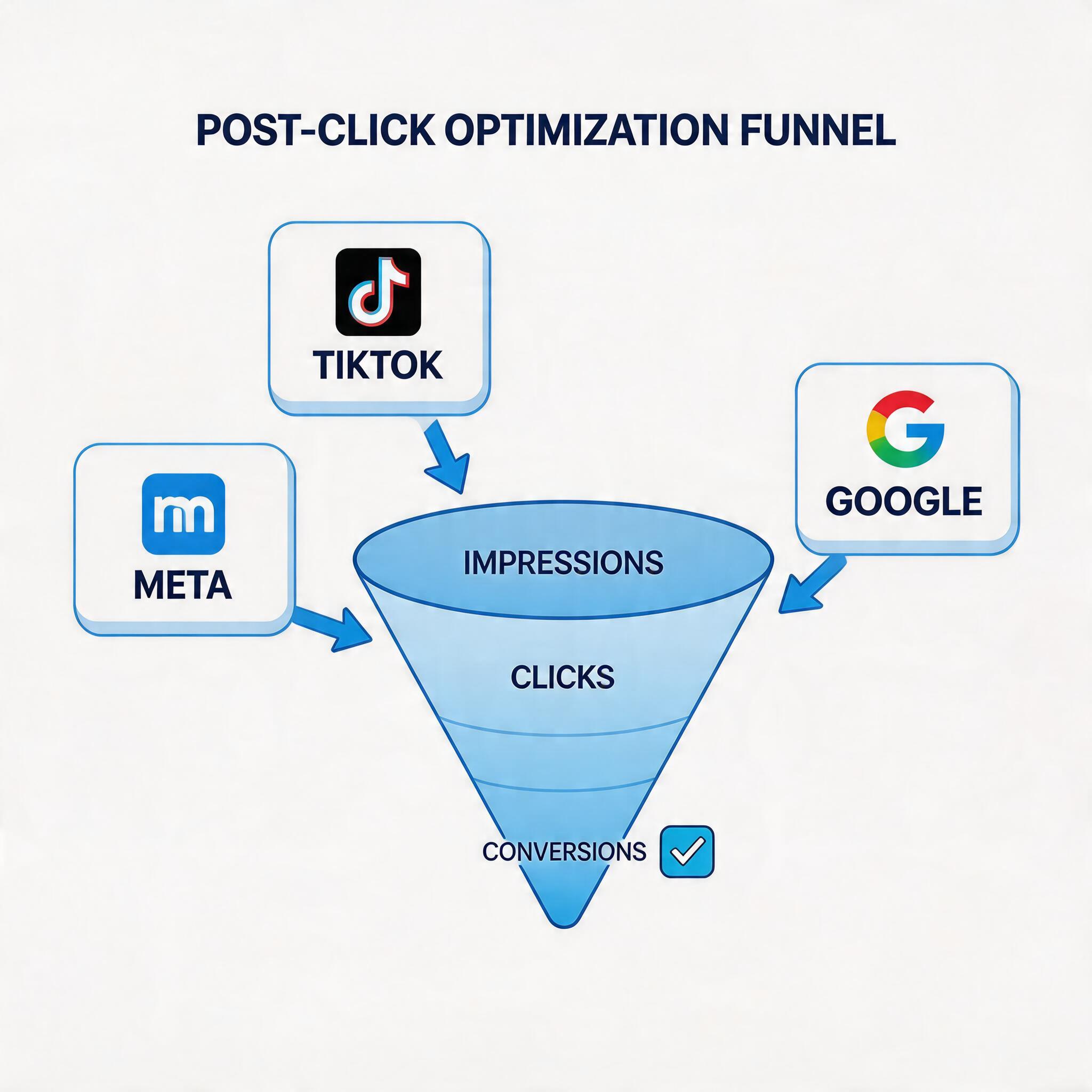 Multiple ad platforms connected through post-click optimization funnel