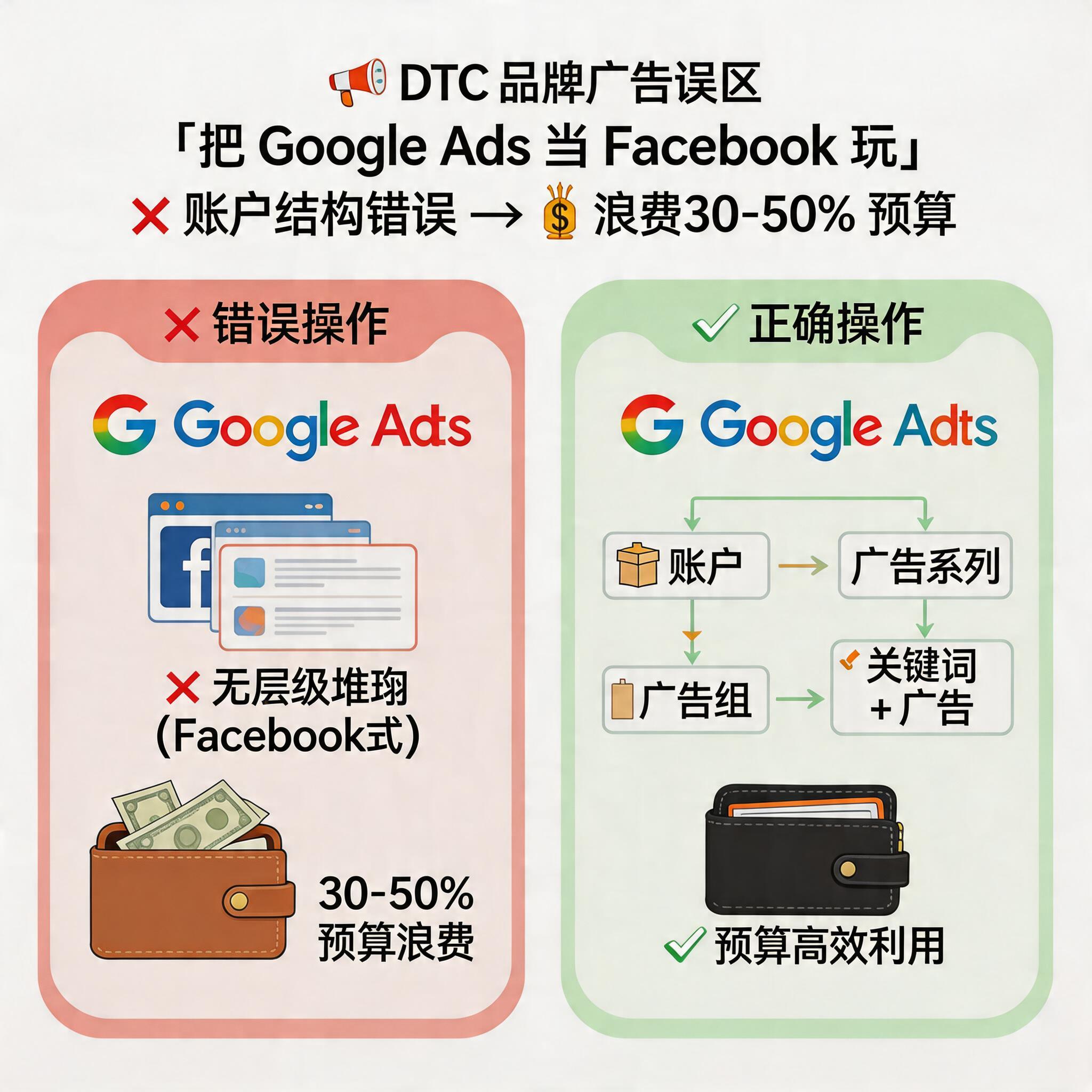 DTC 品牌把 Google Ads 当 Facebook 玩：账户结构错误导致浪费30-50%预算 illustration