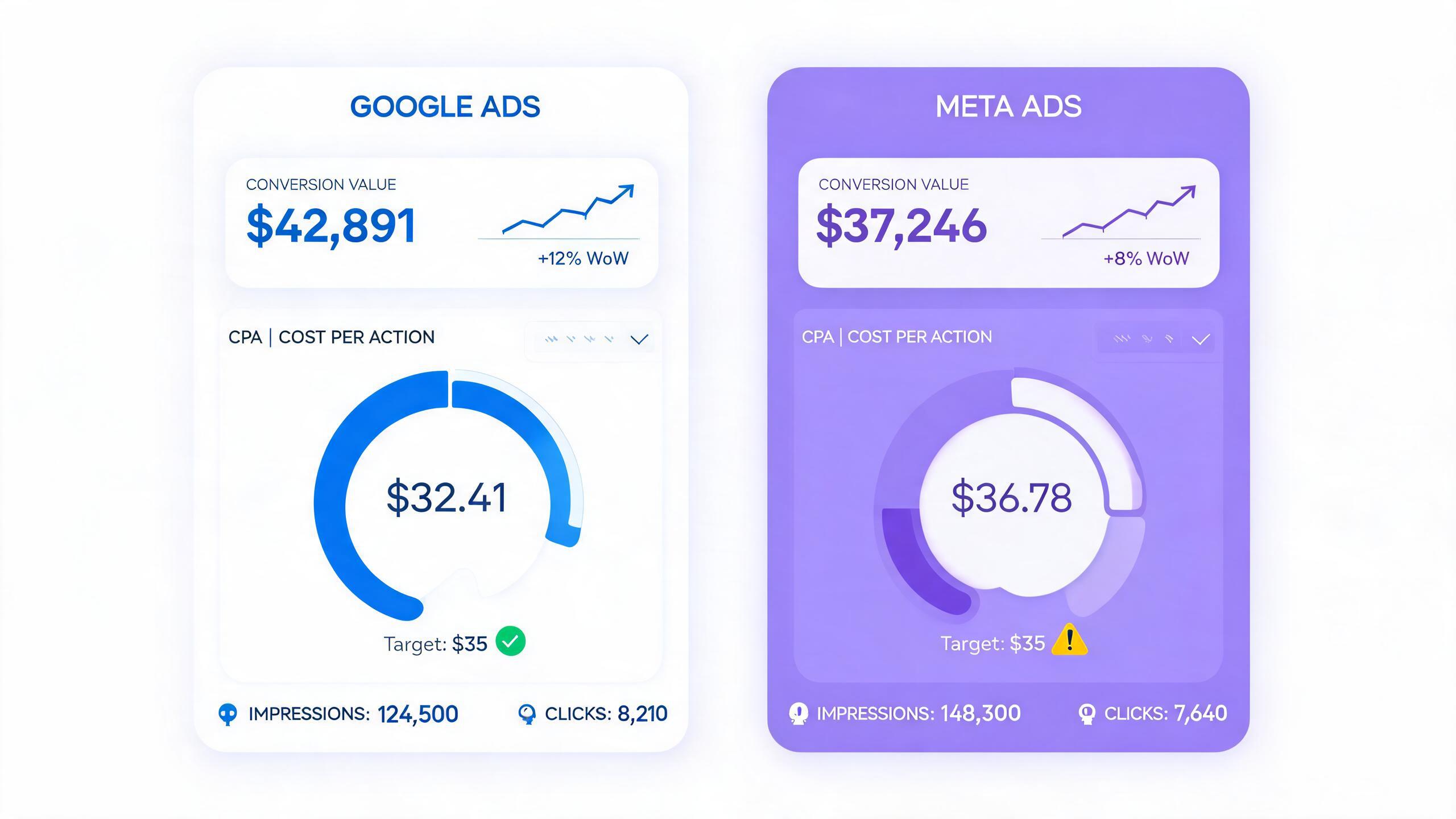 Google Ads 与 Facebook 广告转化价值对比面板